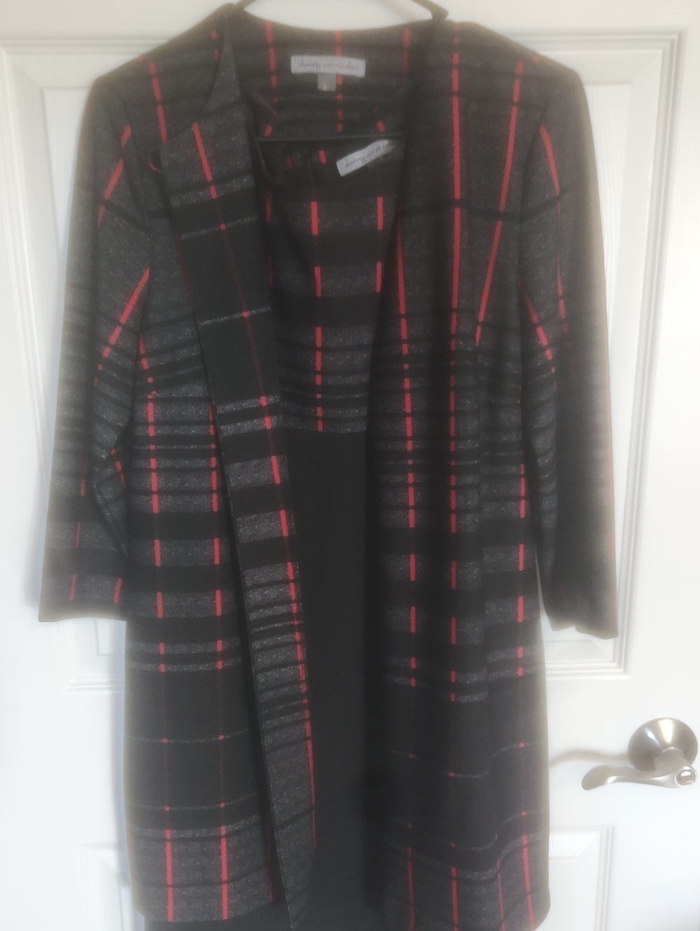 Red, Grey, And Black Dress With Matching Jacket
